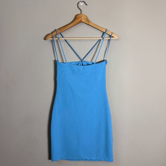 Mango Crisscross Strap Bodycon Mini Dress Women's 2 Blue Going Out Ribbed NWOT - Picture 5 of 14